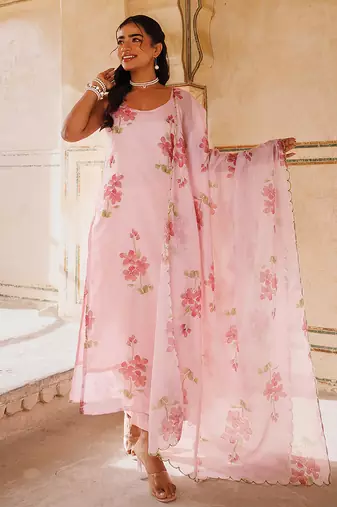 Pink printed cotton kurta set