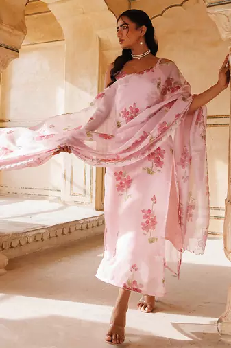 pink printed cotton kurta pant set