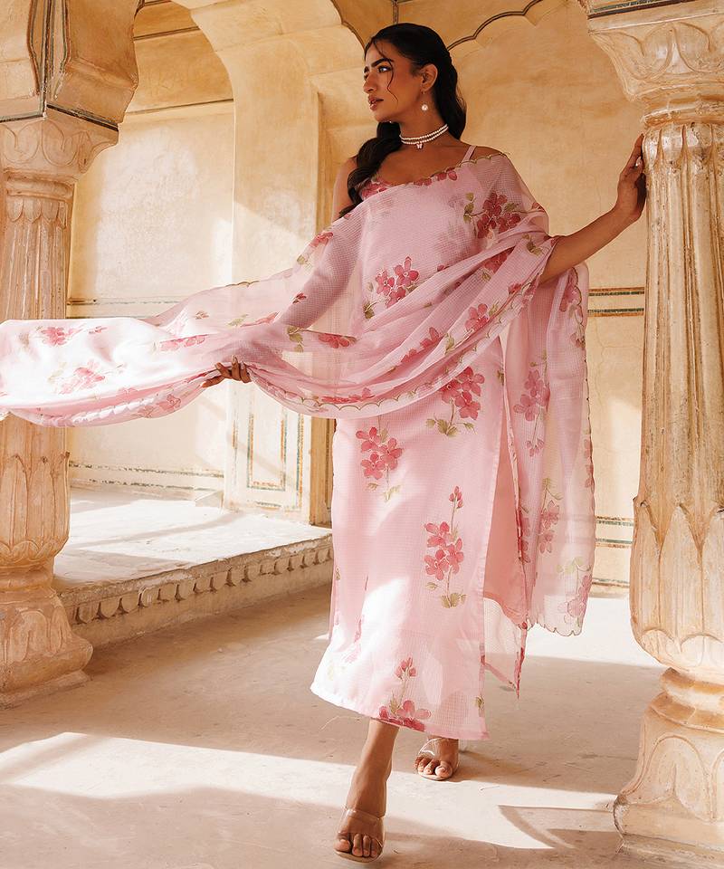 Pink printed cotton kurta set