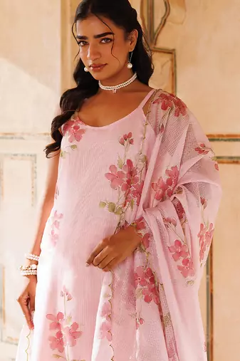 pink printed cotton kurta pant set