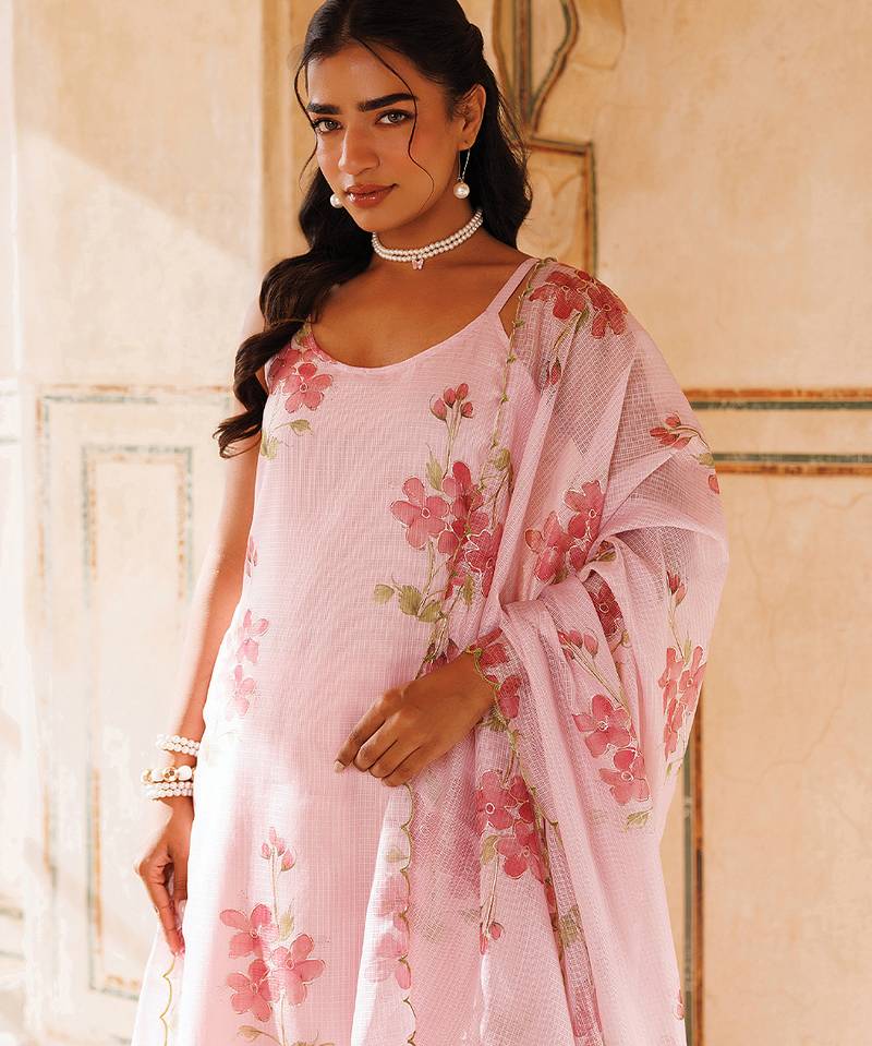Pink printed cotton kurta set