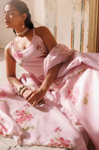 pink printed cotton kurta pant set