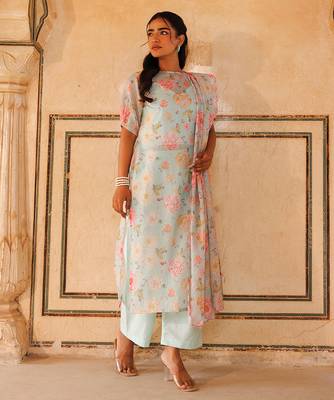 pastel green printed cotton kurta pant set 1