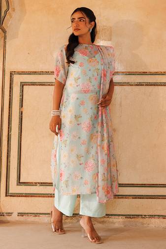 Pastel green printed cotton kurta set