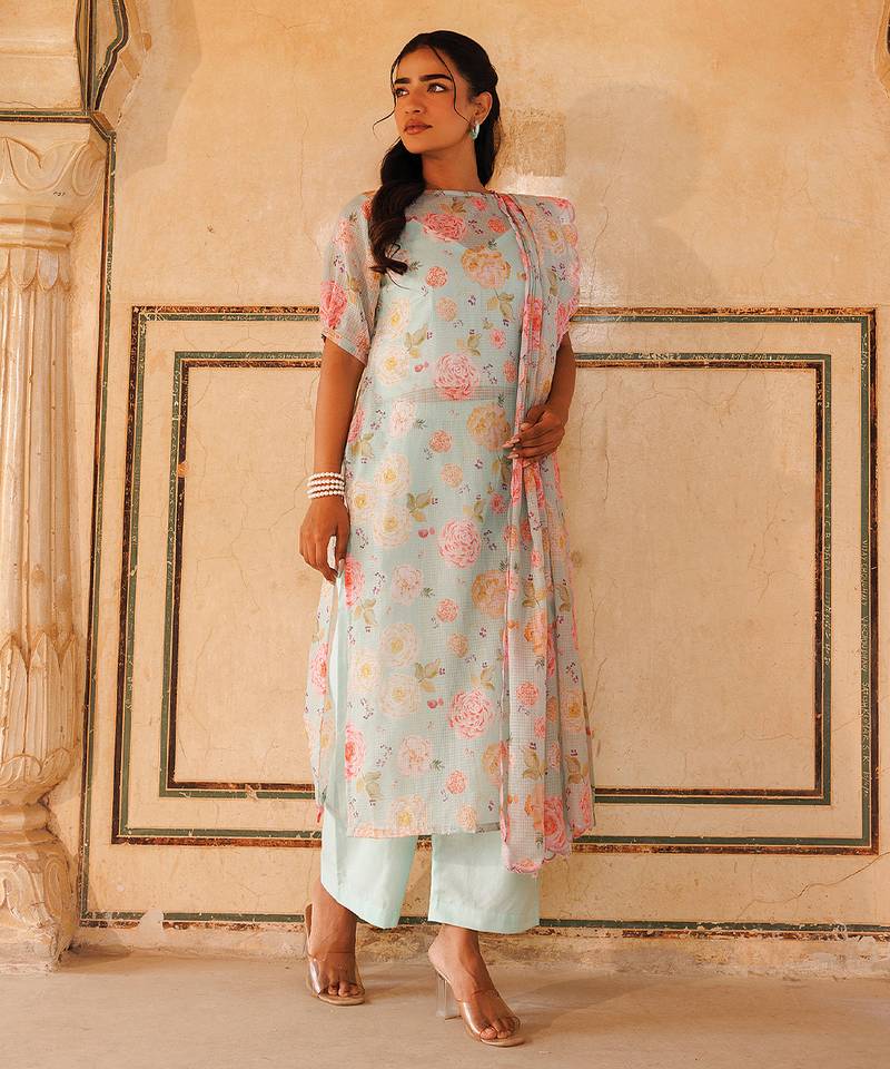 Pastel green printed cotton kurta set