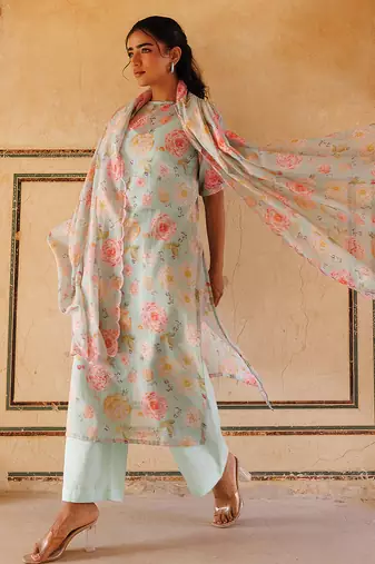 pastel green printed cotton kurta pant set