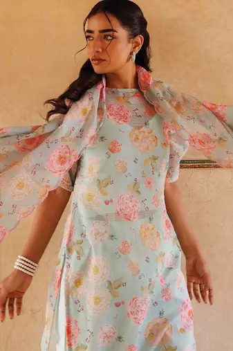 pastel green printed cotton kurta pant set