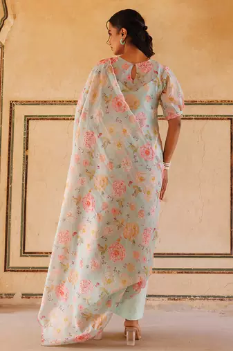 pastel green printed cotton kurta pant set