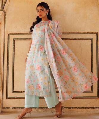 pastel green printed cotton kurta pant set 5