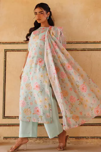 pastel green printed cotton kurta pant set