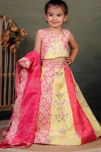 yellow embroidered cotton kids lehenga with pink dupatta