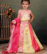 yellow embroidered cotton kids lehenga with pink dupatta