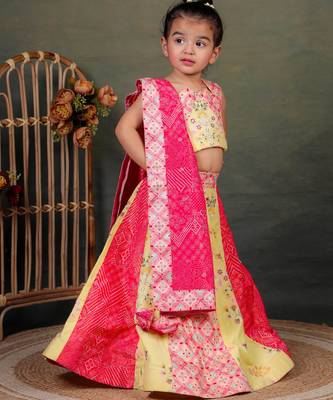 yellow embroidered cotton kids lehenga with pink dupatta 2