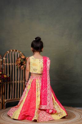 yellow embroidered cotton kids lehenga with pink dupatta 3