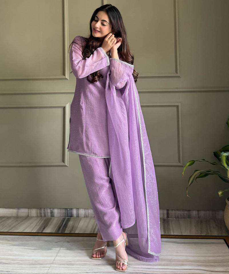 Sky Blue Crunchy Silk Farshi Salwar Suit Set with Siroski Work