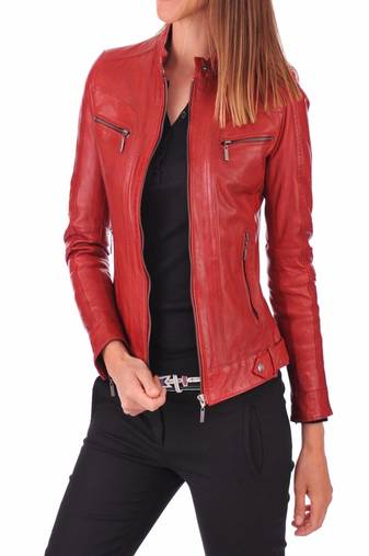 Women's genuine red lambskin leather motorcycle slim fit designer biker jacket