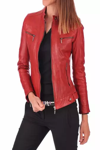 Women's genuine red lambskin leather motorcycle slim fit designer biker jacket
