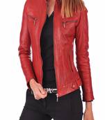 women's red lambskin leather biker jacket classic moto zip style