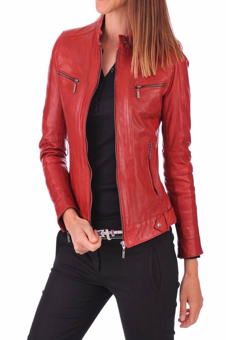 Women's genuine red lambskin leather motorcycle slim fit designer biker jacket