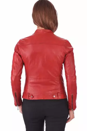 women's red lambskin leather biker jacket classic moto zip style