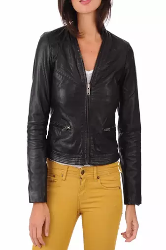 Women's genuine lambskin black leather motorcycle slim fit biker jacket