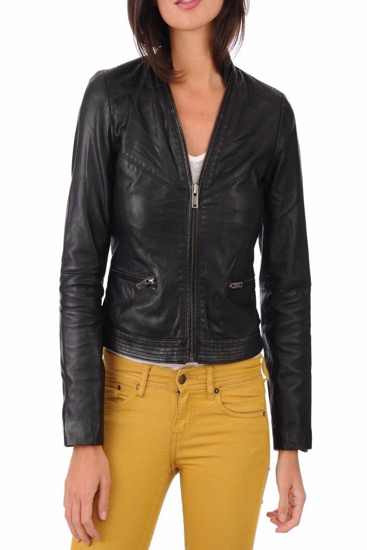 Women's genuine lambskin black leather motorcycle slim fit biker jacket