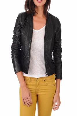 women's black lambskin leather biker jacket classic moto zip style 2