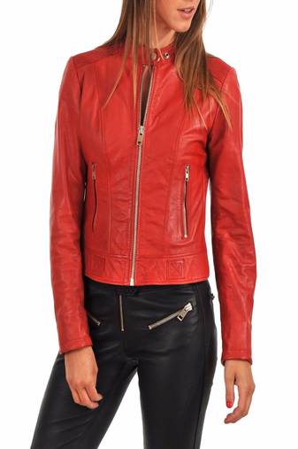 Women's genuine lambskin red leather motorcycle slim fit biker jacket