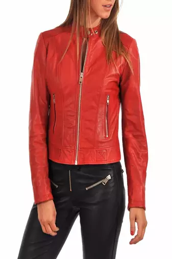 Women's genuine lambskin red leather motorcycle slim fit biker jacket