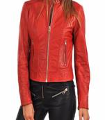 women's red lambskin leather biker jacket classic moto zip style premium