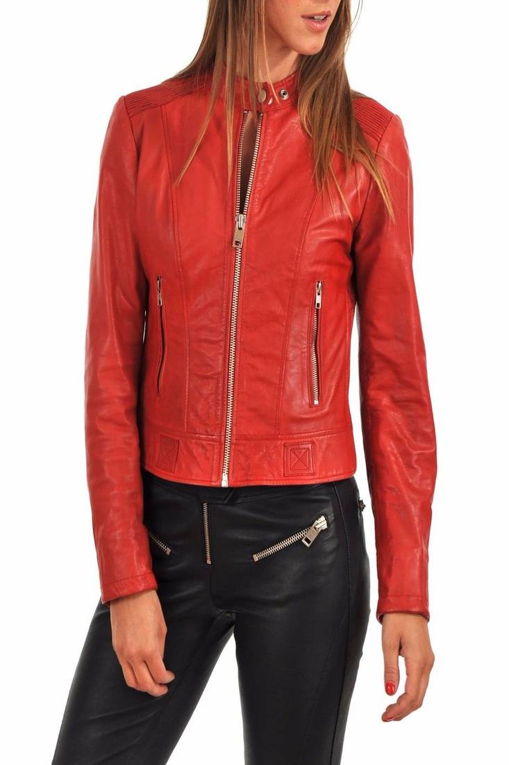 Women's genuine lambskin red leather motorcycle slim fit biker jacket