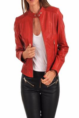 women's red lambskin leather biker jacket classic moto zip style premium 2