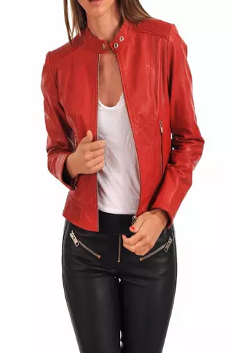 women's red lambskin leather biker jacket classic moto zip style premium