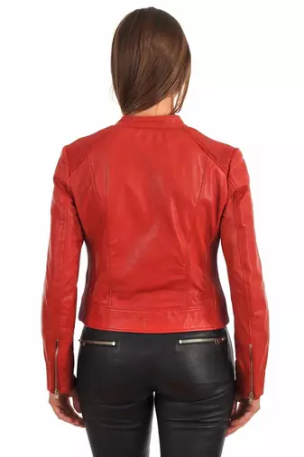women's red lambskin leather biker jacket classic moto zip style premium