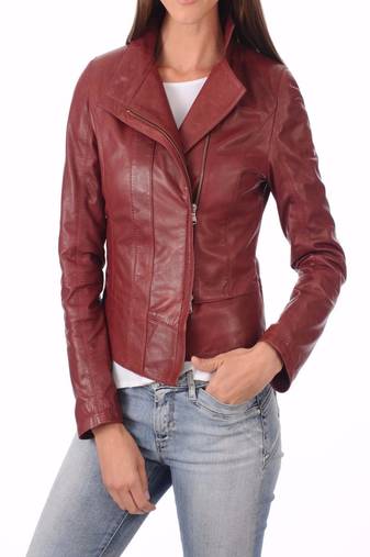 Women's genuine lambskin maroon leather motorcycle slim fit biker jacket