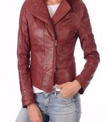 women's maroon lambskin leather biker jacket classic moto zip style