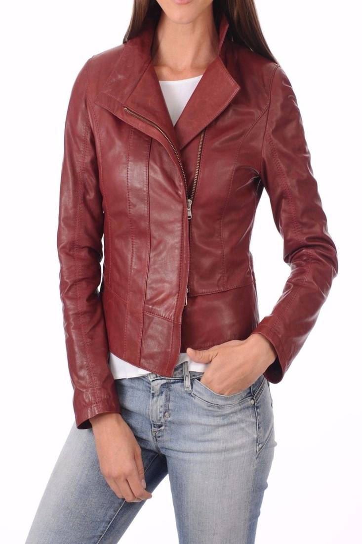 Women's genuine lambskin maroon leather motorcycle slim fit biker jacket