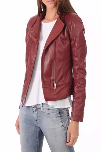 women's maroon lambskin leather biker jacket classic moto zip style