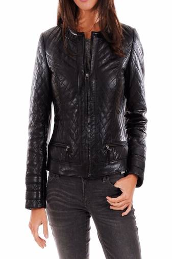 Women's genuine lambskin black leather full quilted biker jacket
