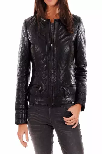 Women's genuine lambskin black leather full quilted biker jacket