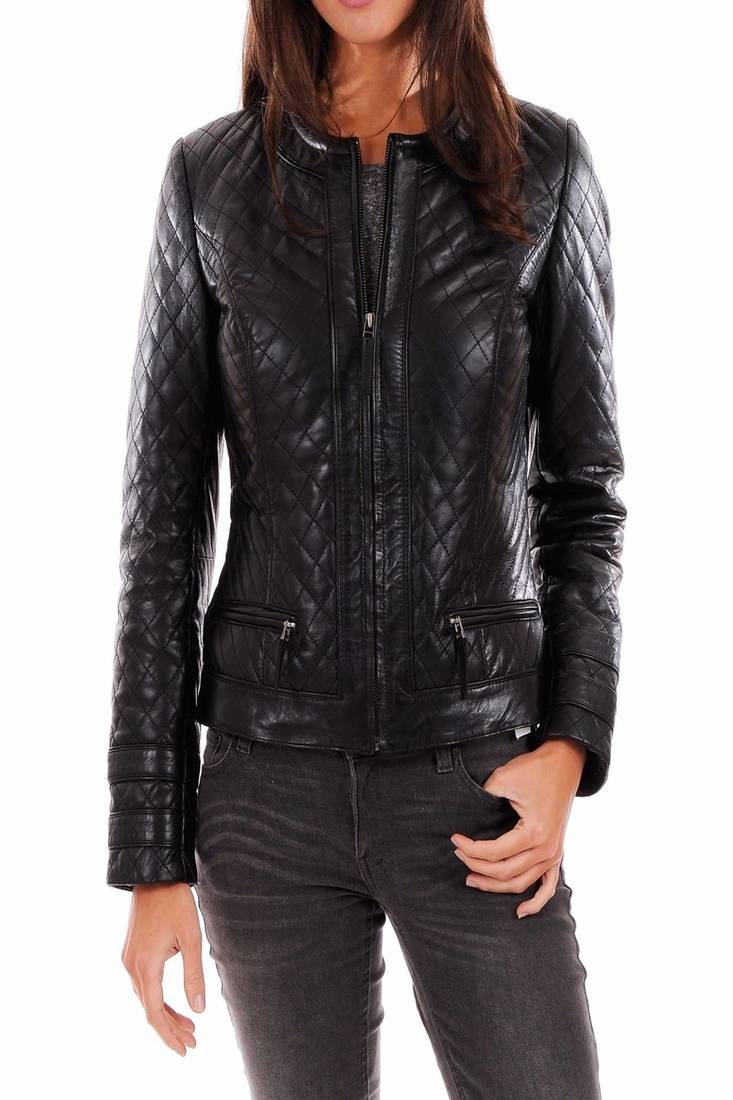 Women's genuine lambskin black leather full quilted biker jacket