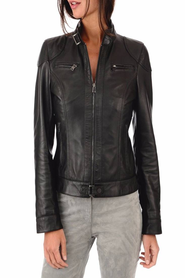 Women black 100% lambskin leather jacket biker motorcycle napa leather jacket-c