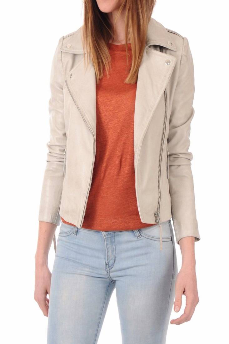 Women's 100% lambskin beige leather jacket biker motorcycle napa leather jacket-c003