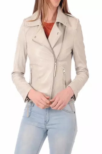 women's beige napa leather biker jacket classic moto zip style premium