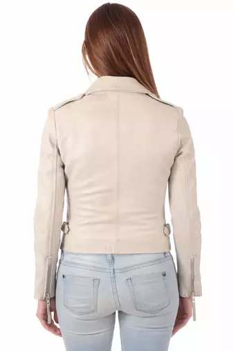 women's beige napa leather biker jacket classic moto zip style premium