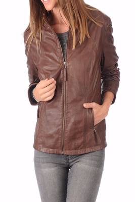 women's brown napa leather biker jacket classic moto zip style refined 1
