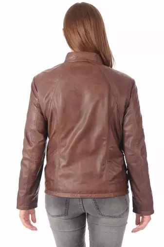 women's brown napa leather biker jacket classic moto zip style refined