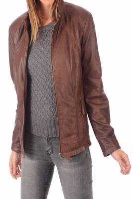 women's brown napa leather biker jacket classic moto zip style refined 3