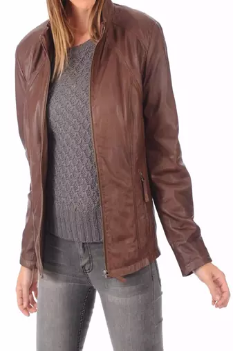 women's brown napa leather biker jacket classic moto zip style refined
