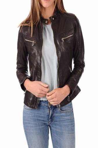 Women's genuine lambskin black leather jacket motorcycle biker jacket-c006